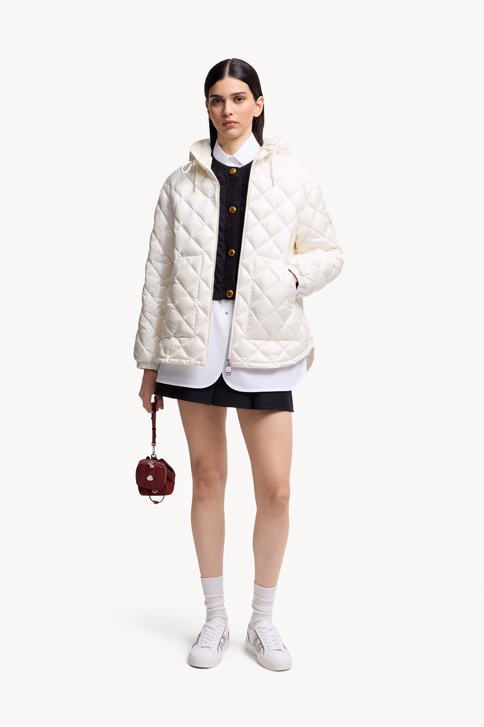 Plumífero corto con capucha y acolchado de rombos Mujer Blanco Moncler 0